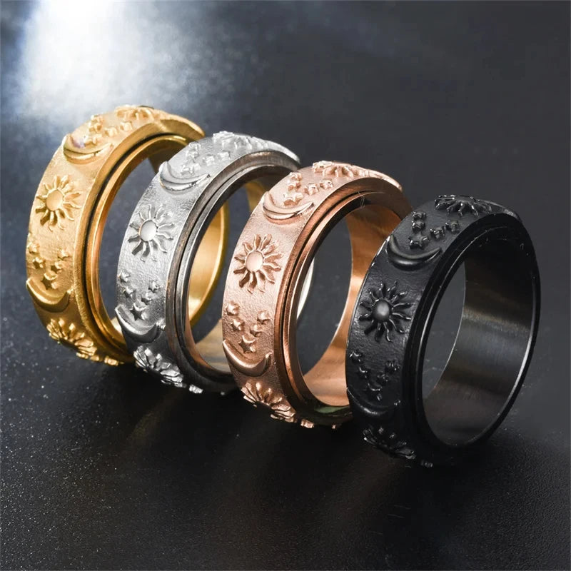 Bague Anneau Anti-Stress Tournant Lune et Soleil noir