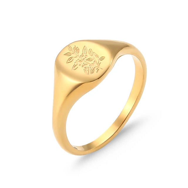 Engraved wildflower tea leaf ring