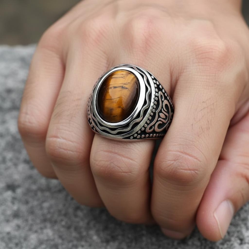 Decorated Men's Tiger Eye Ring 