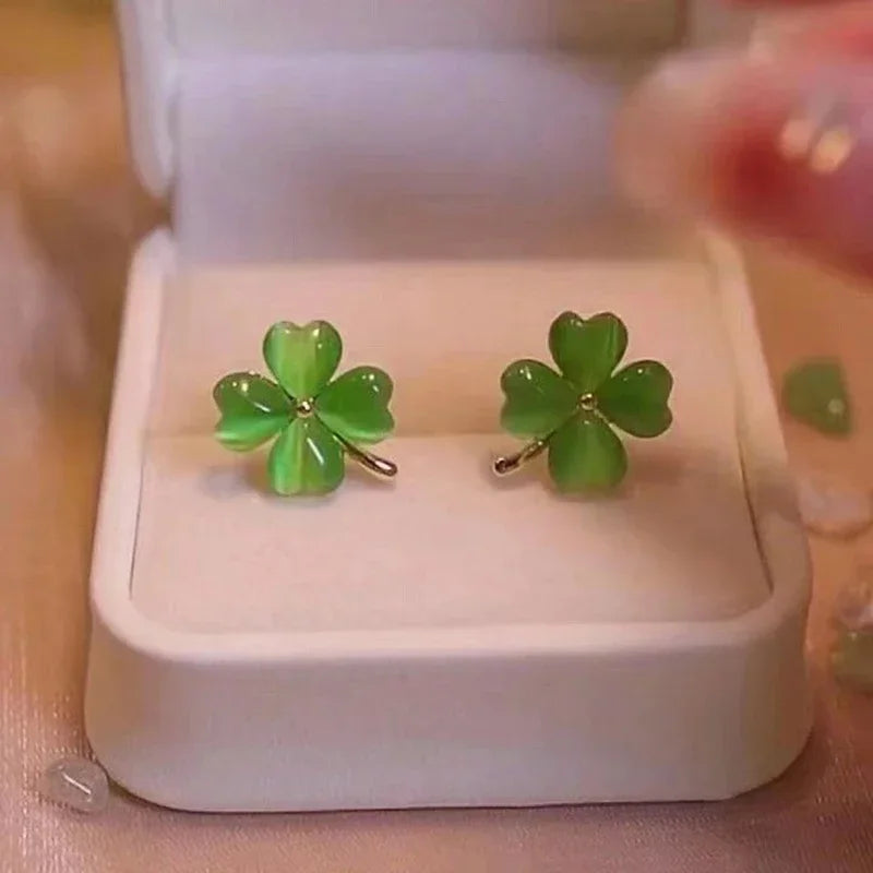 Boucles d'Oreilles Clou Trèfle à 4 Feuilles Vert