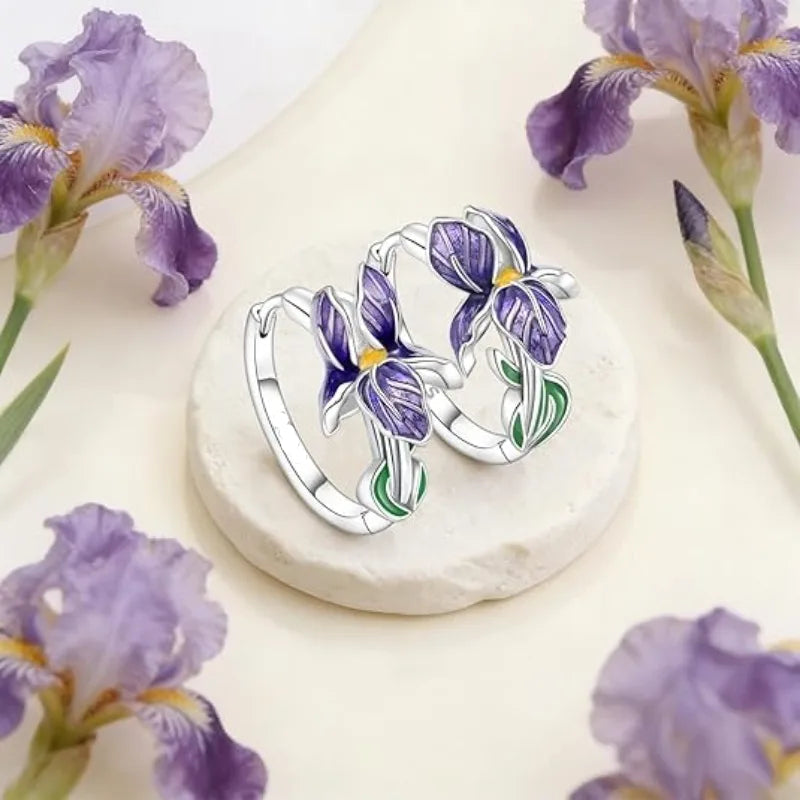 Uhani obročki z vijoličnim cvetom perunike