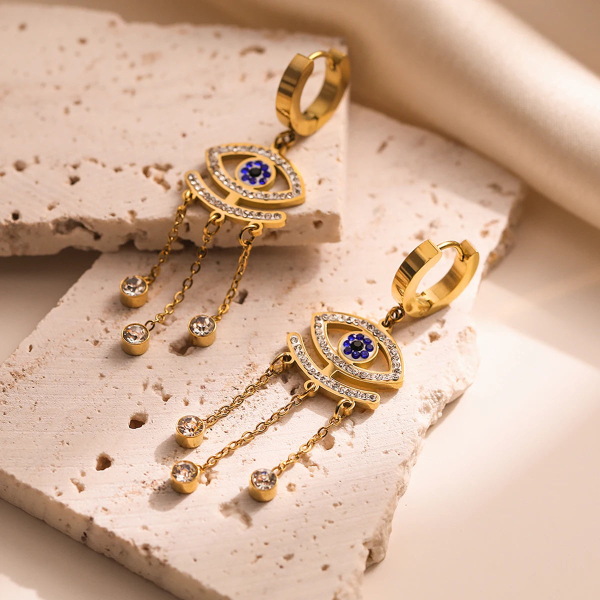 Long Blue Evil Eye Earrings