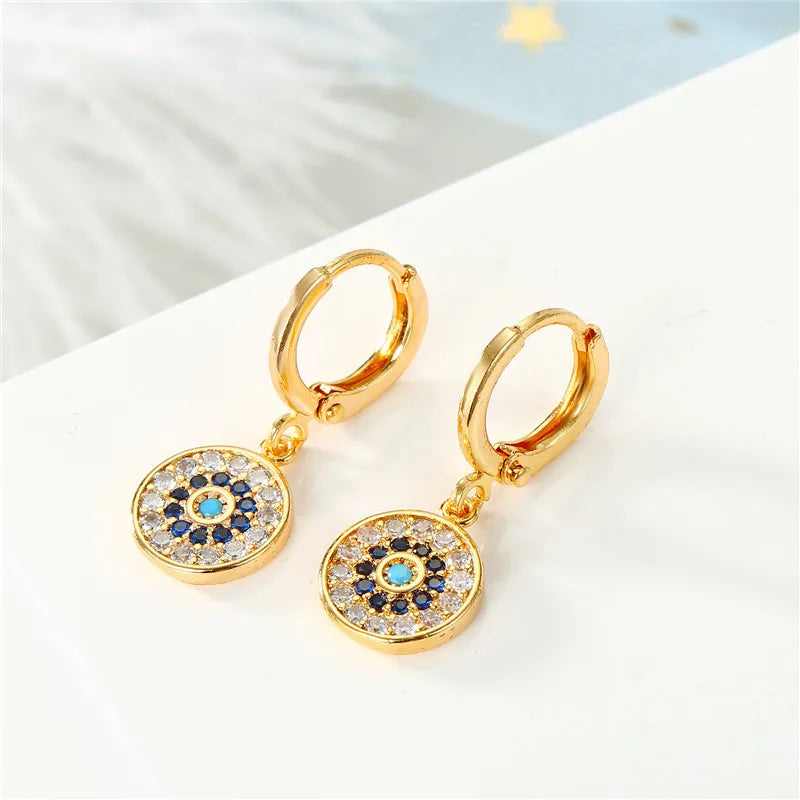 Blue Evil Eye Round Rhinestone Earrings Gold