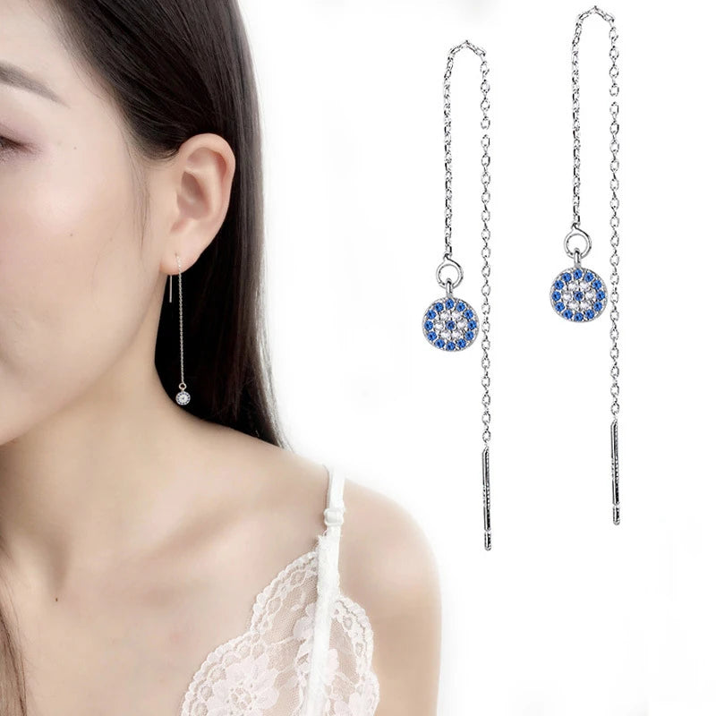 Long Blue Turkish Crystal Evil Eye Earrings