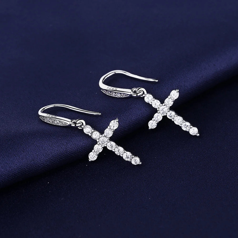 Boucles d'Oreilles Pendantes Croix en Zircon argent