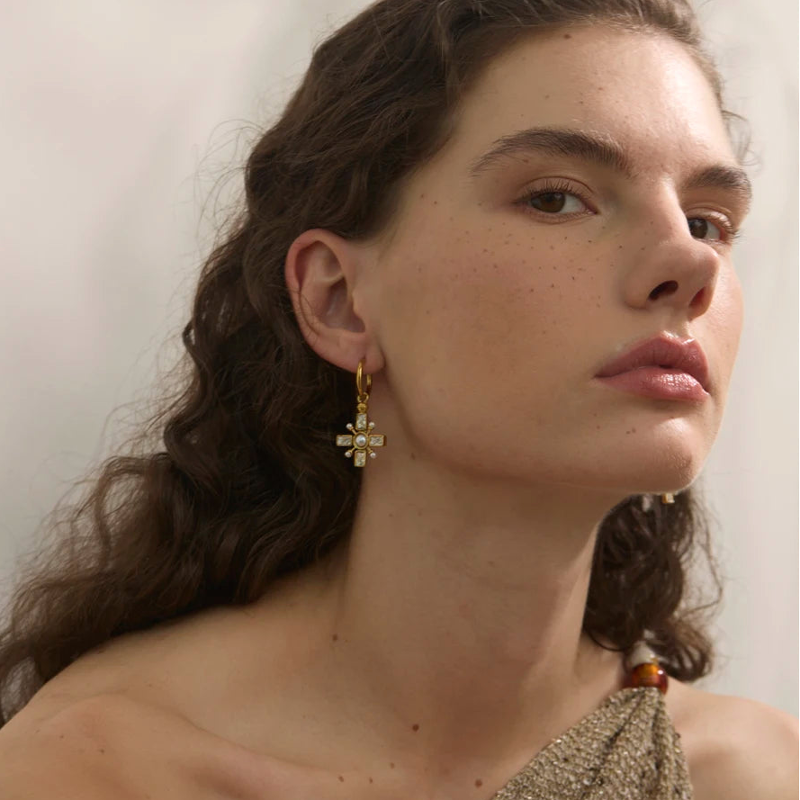 Cross and pearl dangle earrings