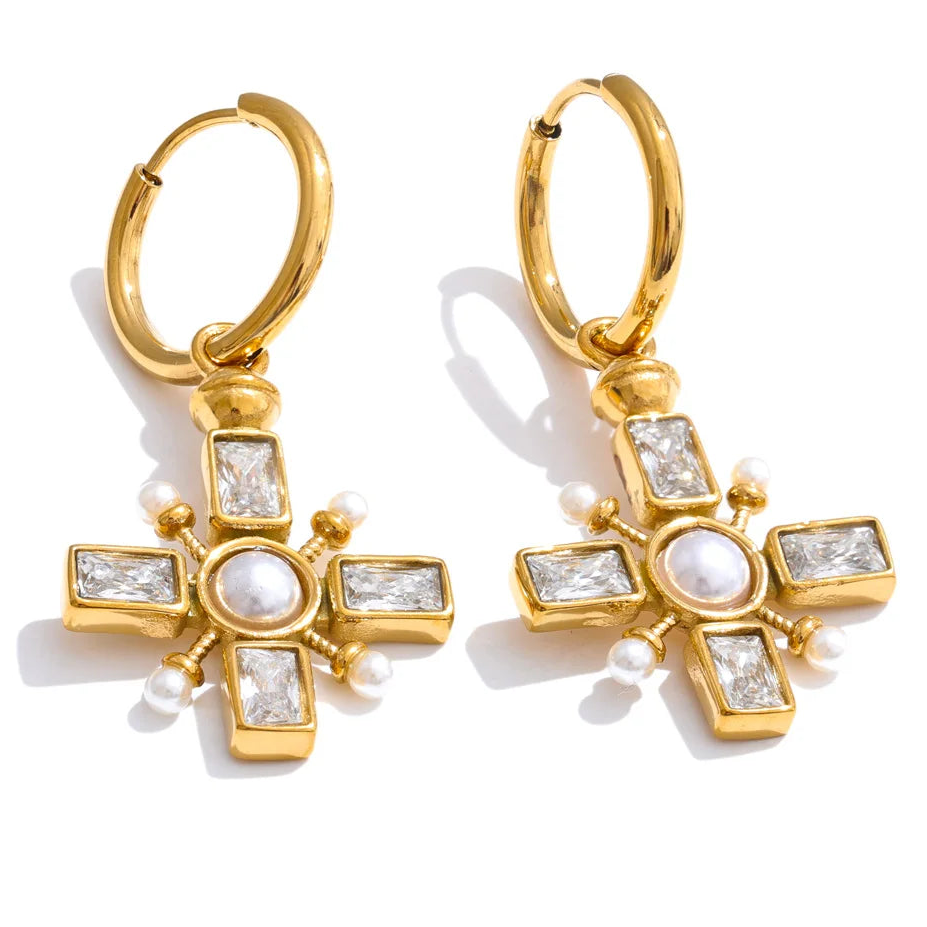 Cross and pearl dangle earrings