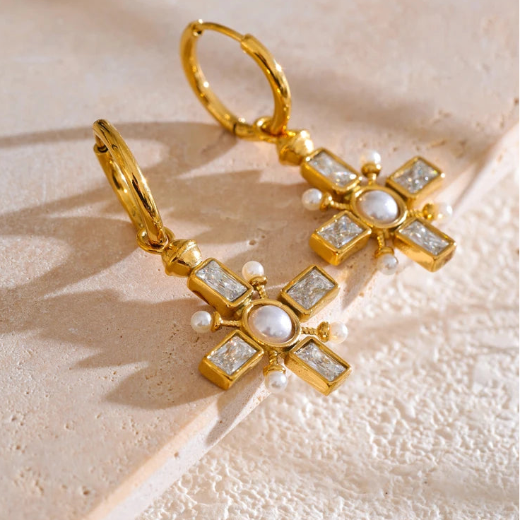 Cross and pearl dangle earrings