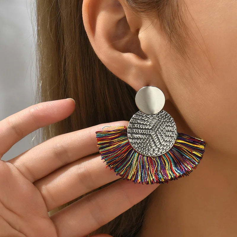 Boucles d'Oreilles Pendantes de Style Bohême en Eventail multicolore