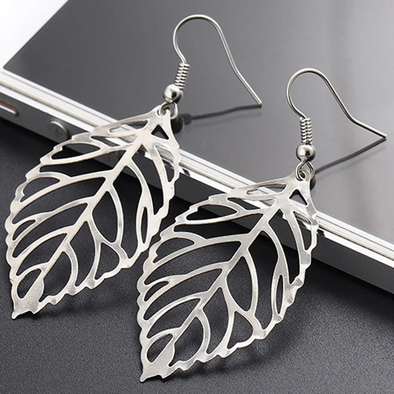 Boucles d'Oreilles Pendantes Feuilles de Laurier argent