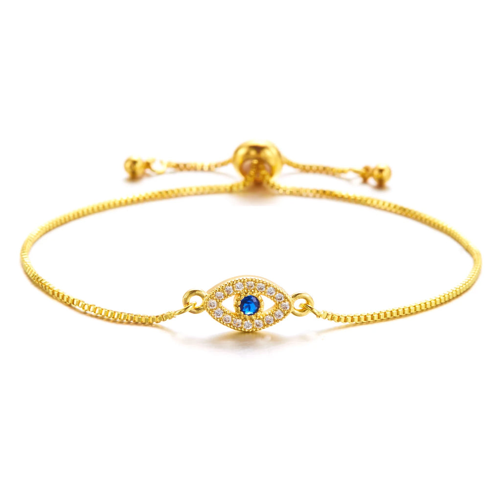 Adjustable blue evil eye bracelet embellished with rhinestones