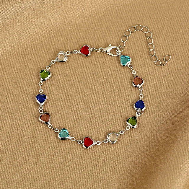 Silver and multicolor enamel heart bracelet