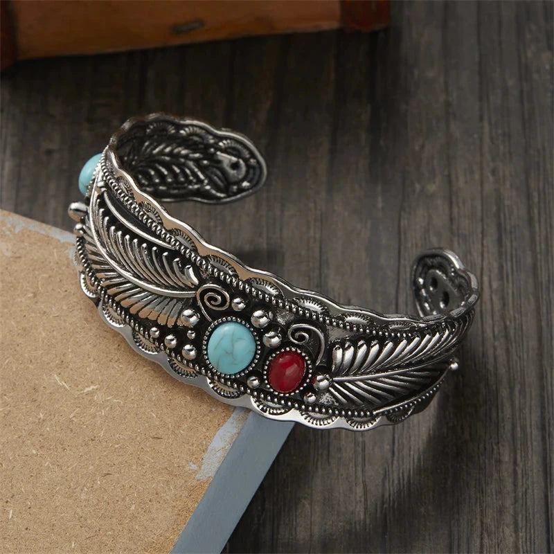 Taşlar ve Tüylerle Vintage Etnik Bileklik gümüş