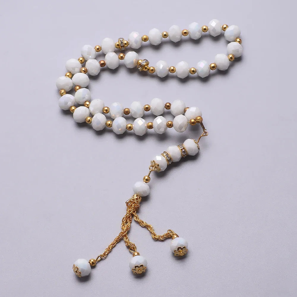 Elegantne moslemikristlus - 33 helmega valge ja kullaga islami tasbih