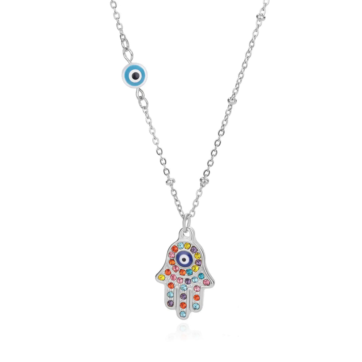 Necklace with multicolored Arabic evil eye protection pendant and Fatma's hand in silver