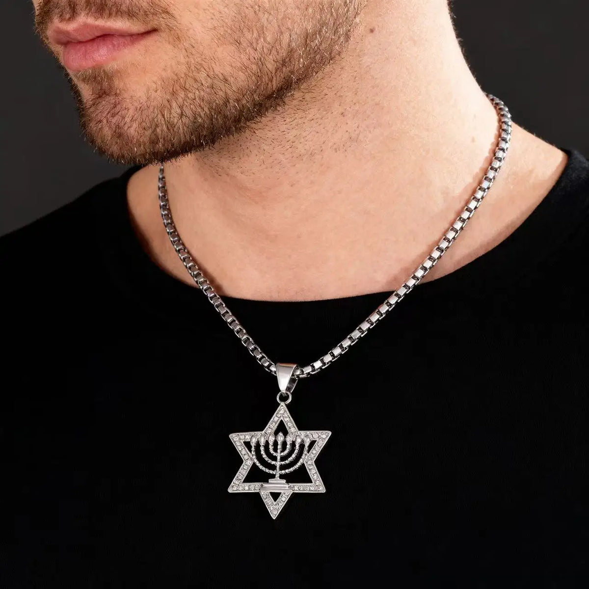 Ogrlica s privjeskom <span data-glossary-id="star_of_david">Davidova zvijezda</span> i simbolom židovskog identiteta <span data-glossary-id="menorah">Menora</span> srebro