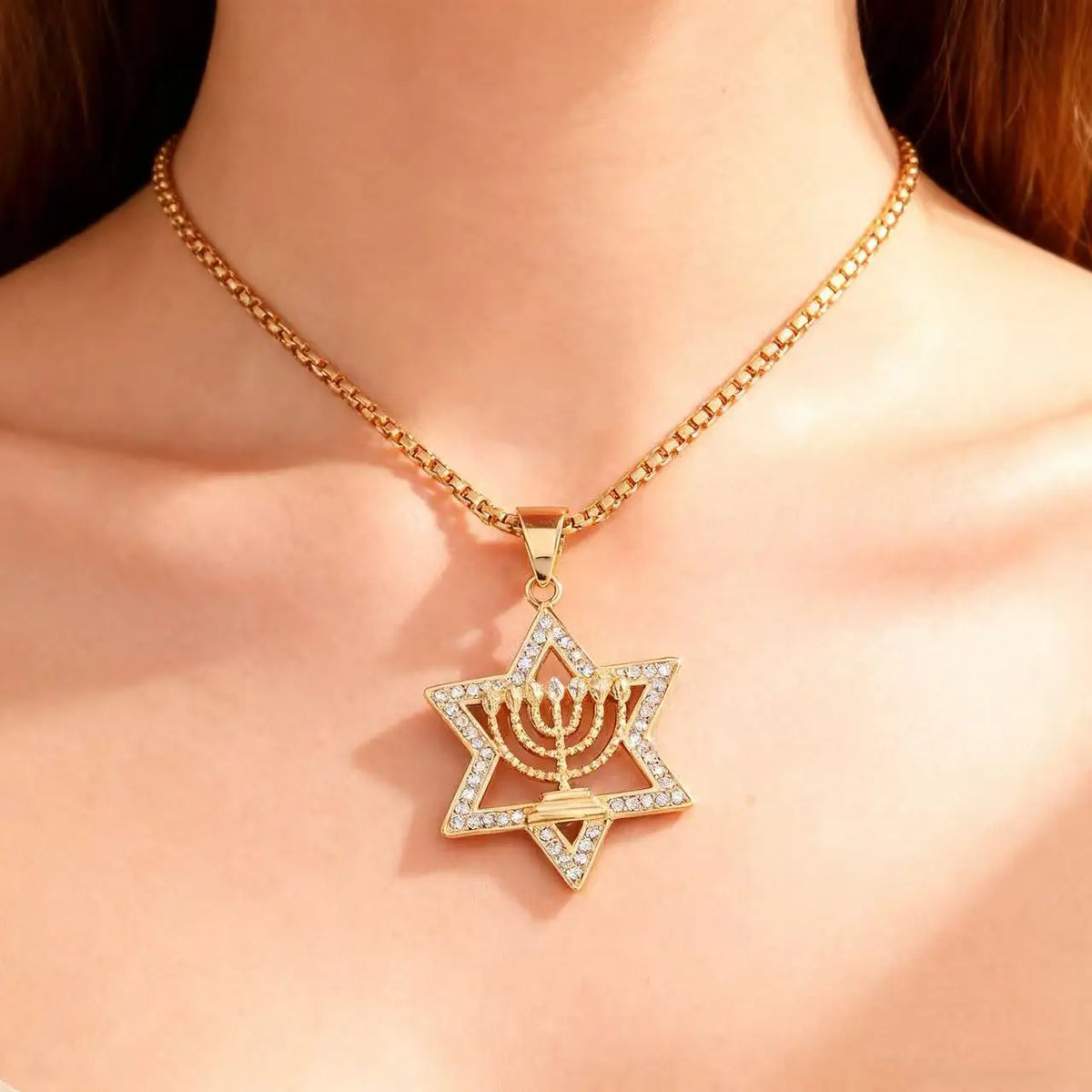 Ogrlica s privjeskom <span data-glossary-id="star_of_david">Davidova zvijezda</span> i simbolom židovskog identiteta <span data-glossary-id="menorah">Menora</span> zlato