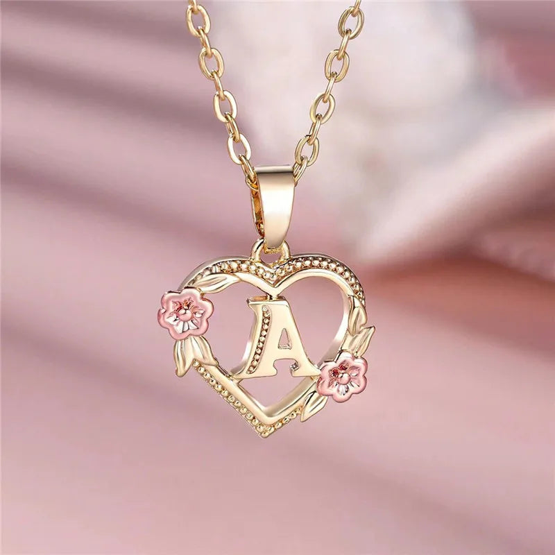 Necklace with heart and flowers initial pendant a