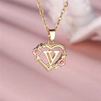 Necklace with heart and flowers initial pendant v