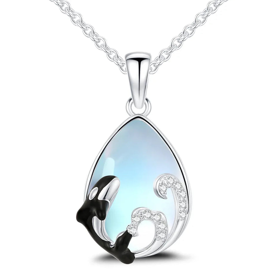 Necklace with orca and wave moonstone pendant