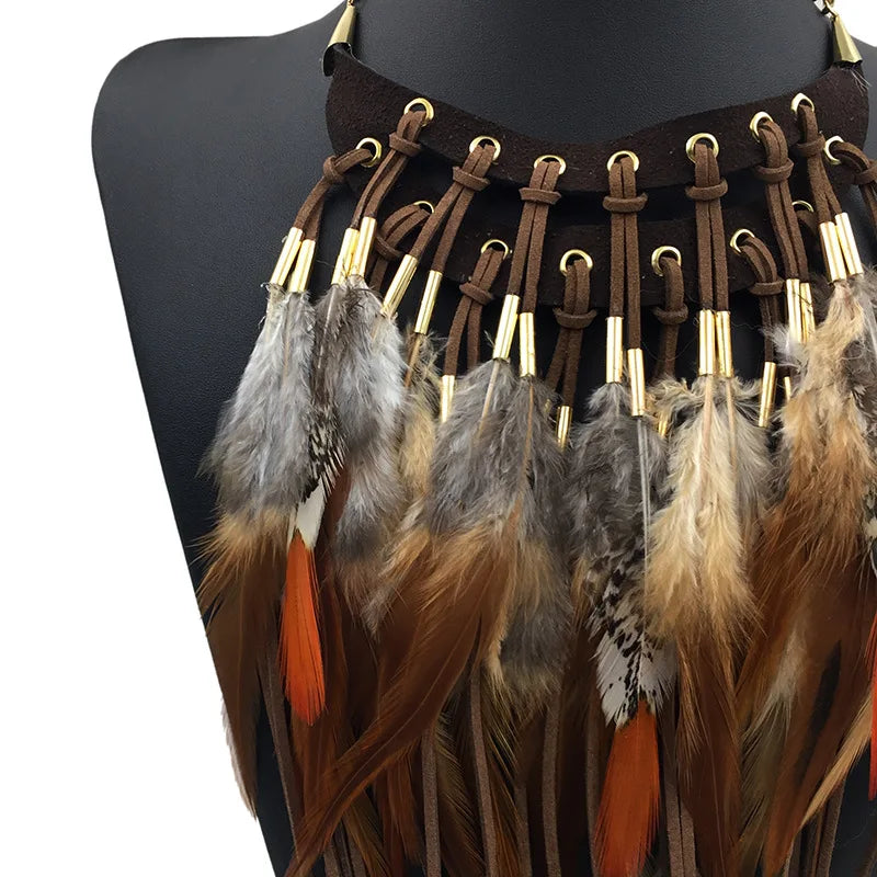Collier Pendentif Ras de Cou Ethnique Plume marron