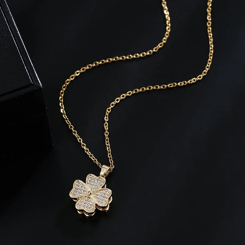Collier Pendentif Fleur en Zircon Tournante Anti-Stress or