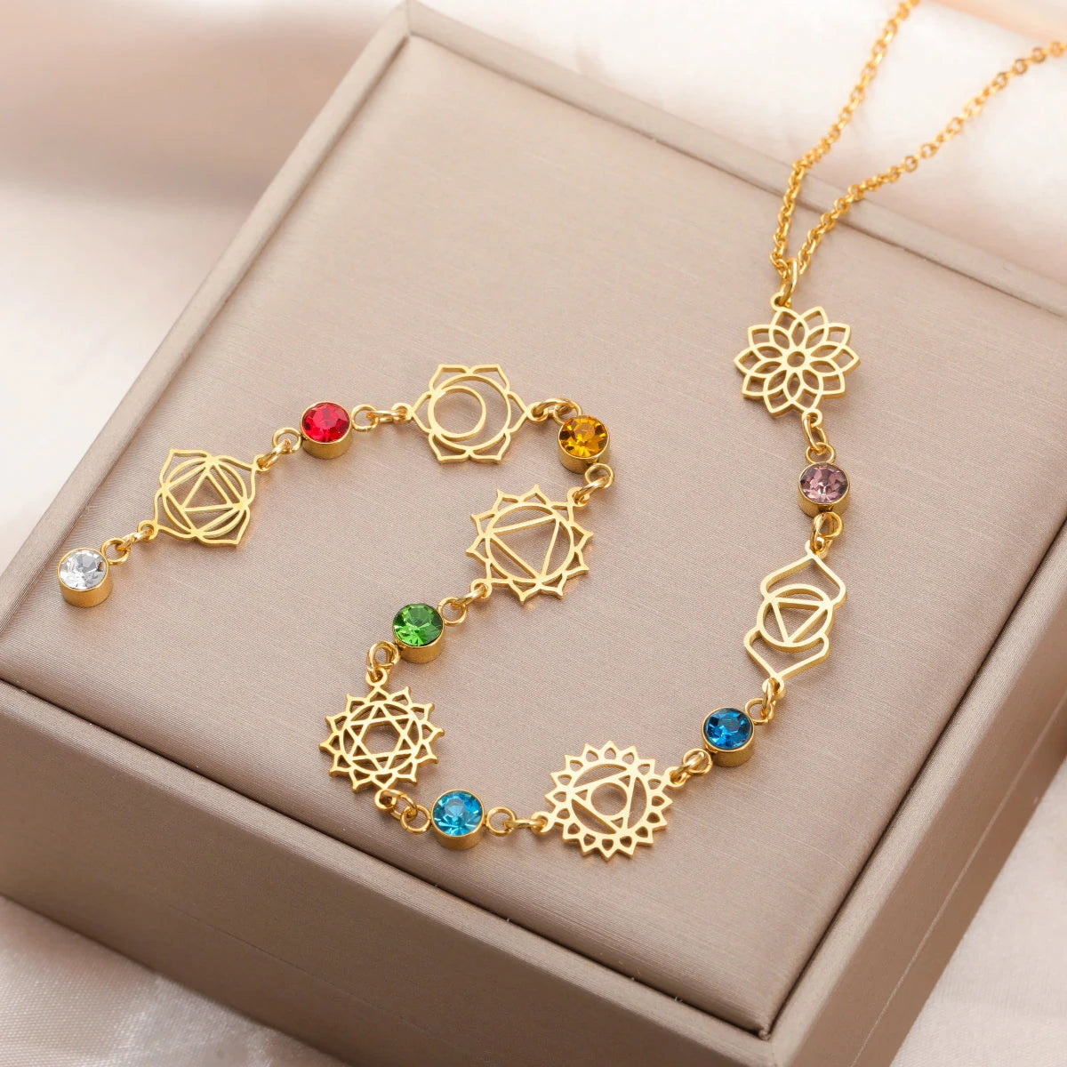 Collier Ras de Cou Pendentif avec Pierres en Zircon 7 Chakras or