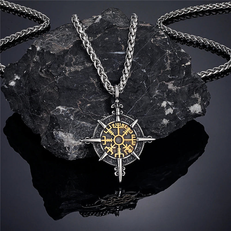 Vegvisir Pusula Kolye Ucu ile Viking Kolyesi altın