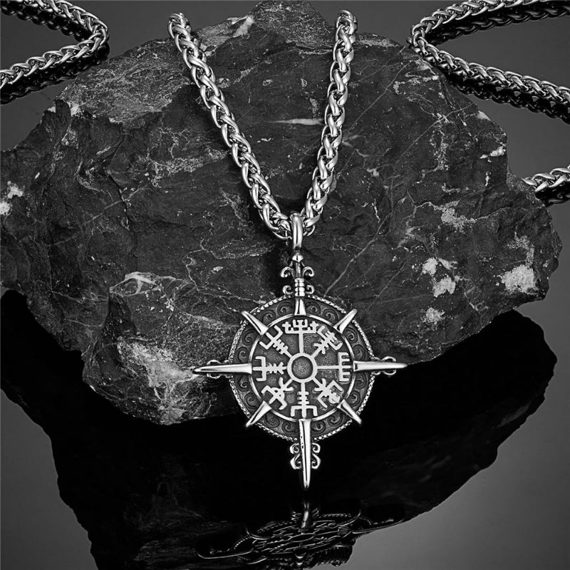 Vegvisir Pusula Kolye Ucu ile Viking Kolyesi gümüş