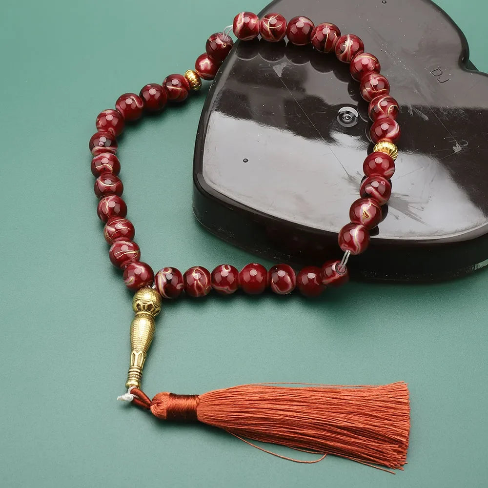 Tasbih pikk 33 musta pärliga - punane moslemite palvehelmestik