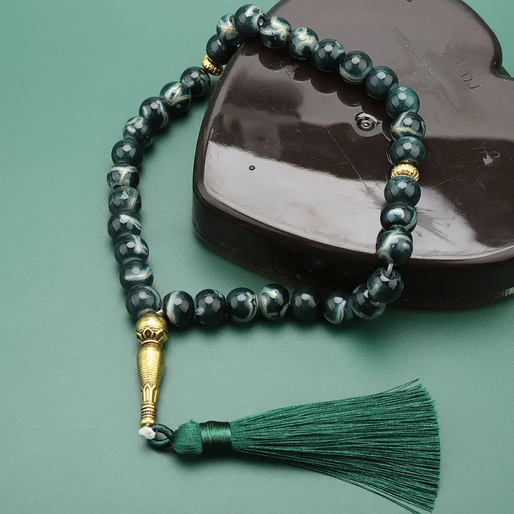 Tasbih pikk 33 musta pärliga - roheline moslemite palvehelmestik