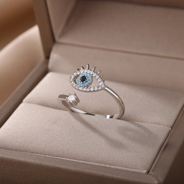 Diamond Ring Against the Blue Greek Turkish Evil Eye Matiasma Mataki Silver