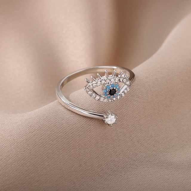 Diamond Ring Against the Blue Greek Turkish Evil Eye Matiasma Mataki Silver