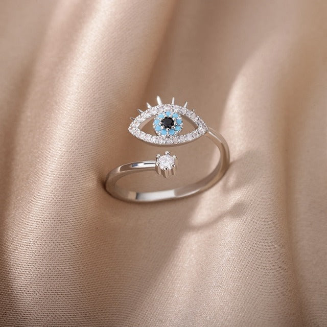 Diamond Ring Against the Blue Greek Turkish Evil Eye Matiasma Mataki Silver